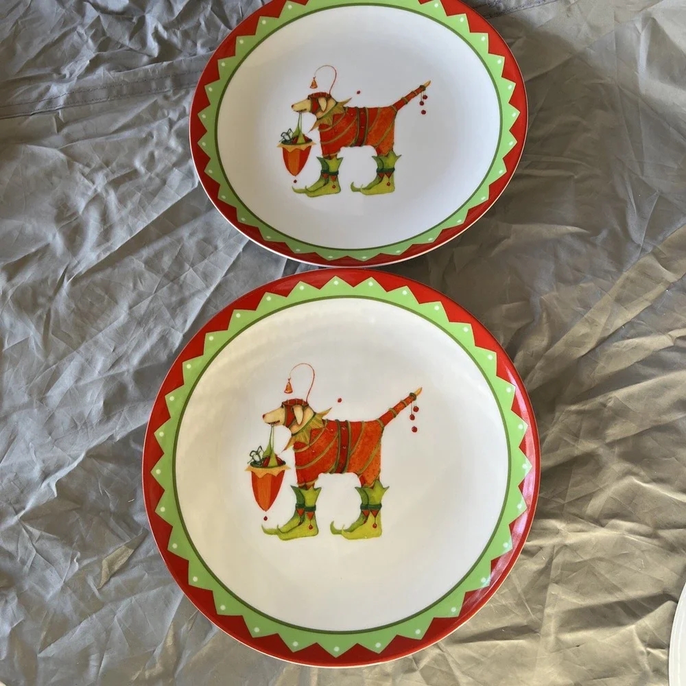 (2) Dept 56 Patience Brewster Krinkles Christmas Dog in Elf Boots Dessert Plates